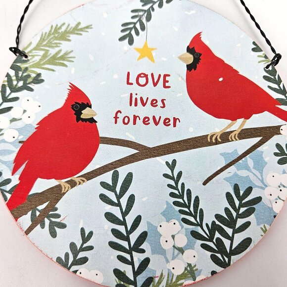 Cardinal Bird Ornament Holiday Gift Wooden Circle 5" Love Lives Forever Decor - Picture 2 of 10